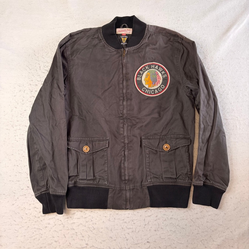 Mitchell & Ness Bomber Jacket Mens L Black Chicago Blackhawks NHL Vintage Hockey